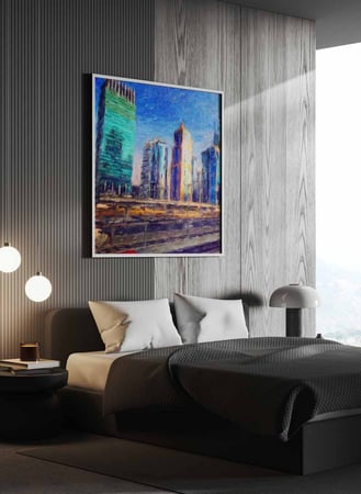 لوحة كانفاس مربع على إطار خشبي، تصميم فن زيتي للمدينة الحديثة، للمنزل، غرفة المعيشة، المكتب، الديكور