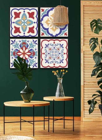 طقم من ٤ لوحات كانفاس مربع على إطار خشبي، تصميم نمط سيراميك ملون، للمنزل، غرفة المعيشة، المكتب، الديكور