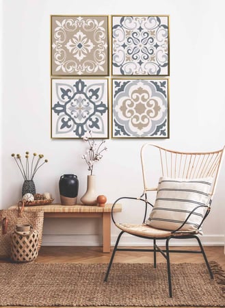 طقم من ٤ لوحات كانفاس مربع على إطار خشبي، تصميم نمط سيراميك ملون، للمنزل، غرفة المعيشة، المكتب، الديكور