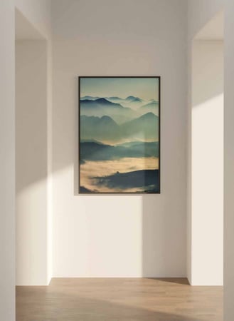 لوحة كانفاس على إطار خشبي، تصميم الصباح على الجبال مع سحاب، للمنزل، غرفة المعيشة، المكتب، الديكور