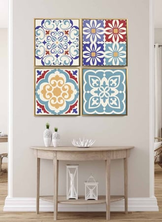 طقم من ٤ لوحات كانفاس مربع على إطار خشبي، تصميم نمط سيراميك ملون، للمنزل، غرفة المعيشة، المكتب، الديكور