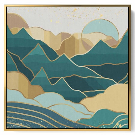 لوحة كانفاس مربع على إطار خشبي، تصميم جبال ذهبية، للمنزل، غرفة المعيشة، المكتب، الديكور