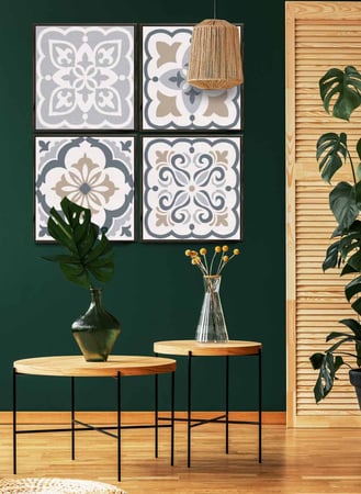 طقم من ٤ لوحات كانفاس مربع على إطار خشبي، تصميم نمط سيراميك ملون، للمنزل، غرفة المعيشة، المكتب، الديكور