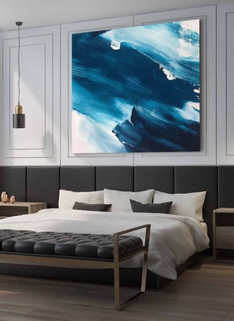 لوحة كانفاس مربع على إطار خشبي، تصميم فن زيتي لدرجات من الأزرق، للمنزل، غرفة المعيشة، المكتب، الديكور