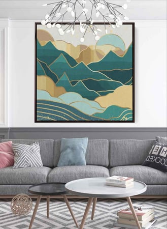 لوحة كانفاس مربع على إطار خشبي، تصميم جبال ذهبية، للمنزل، غرفة المعيشة، المكتب، الديكور