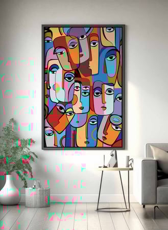 لوحة كانفاس على إطار خشبي، تصميم فن تجريدى لوجوه ملونه، للمنزل، غرفة المعيشة، المكتب، الديكور