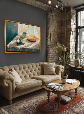 لوحة كانفاس على إطار خشبي بإطار خارجي باللون الخشبي وتصميم فن تجريدي لأكواب من الشاي