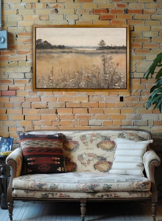 لوحة كانفاس على إطار خشبي بإطار خارجي باللون الخشبي وتصميم كلاسيكي لورود وأشجار