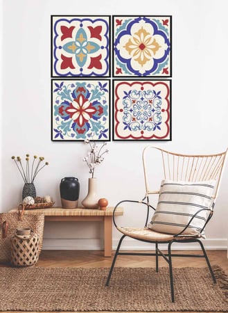 طقم من ٤ لوحات كانفاس مربع على إطار خشبي، تصميم نمط سيراميك ملون، للمنزل، غرفة المعيشة، المكتب، الديكور