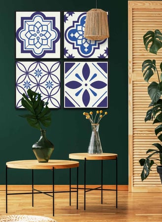 طقم من ٤ لوحات كانفاس مربع على إطار خشبي، تصميم أشكال فنية زرقا، للمنزل، غرفة المعيشة، المكتب، الديكور