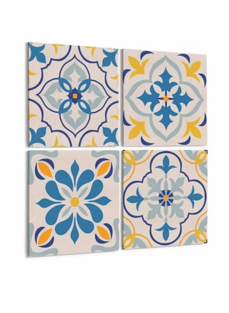 طقم من ٤ لوحات كانفاس مربع على إطار خشبي، تصميم نمط سيراميك ملون، للمنزل، غرفة المعيشة، المكتب، الديكور