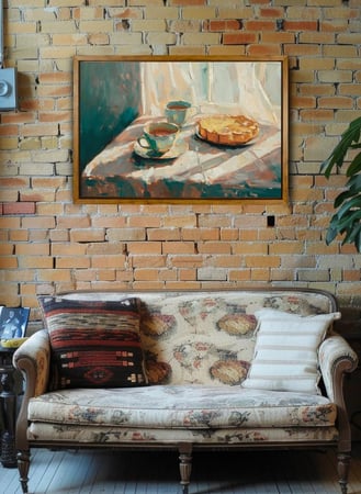 لوحة كانفاس على إطار خشبي بإطار خارجي باللون الخشبي وتصميم فن تجريدي لأكواب من الشاي