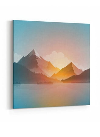 لوحة كانفاس مربع على إطار خشبي، تصميم شروق الشمس على الجبال، للمنزل، غرفة المعيشة، المكتب، الديكور