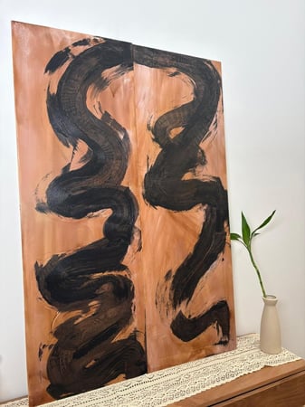 لوحتين فنيه رسم يدوي تموجات التنين نحاسي اسود
