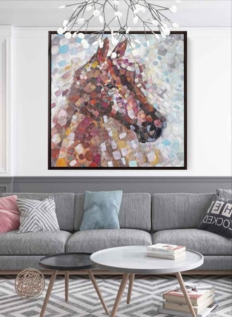 لوحة كانفاس مربع على إطار خشبي، تصميم فن زيتي لحصان ملون، للمنزل، غرفة المعيشة، المكتب، الديكور