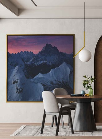 لوحة كانفاس مربع على إطار خشبي، تصميم شروق الشمس على جبال الجليد، للمنزل، غرفة المعيشة، المكتب، الديكور