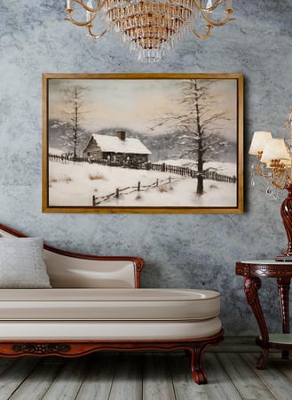 لوحة كانفاس على إطار خشبي بإطار خارجي باللون الخشبي وتصميم بيت كلاسيكي محاط بالثلوج