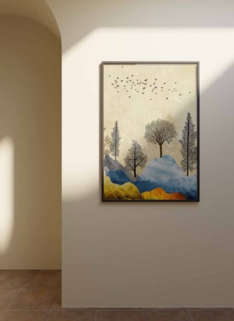 لوحة كانفاس على إطار خشبي، تصميم شجر على الجبال، للمنزل، غرفة المعيشة، المكتب، الديكور