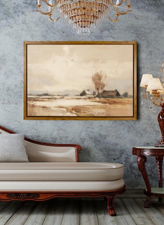 لوحة كانفاس على إطار خشبي بإطار خارجي باللون الخشبي وتصميم بيوت ريفية كلاسيكية