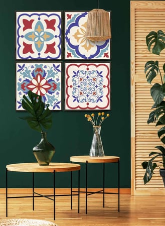 طقم من ٤ لوحات كانفاس مربع على إطار خشبي، تصميم نمط سيراميك ملون، للمنزل، غرفة المعيشة، المكتب، الديكور