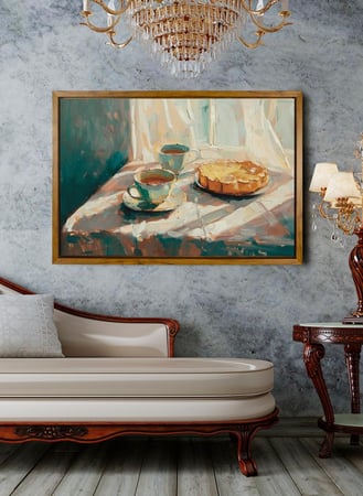 لوحة كانفاس على إطار خشبي بإطار خارجي باللون الخشبي وتصميم فن تجريدي لأكواب من الشاي