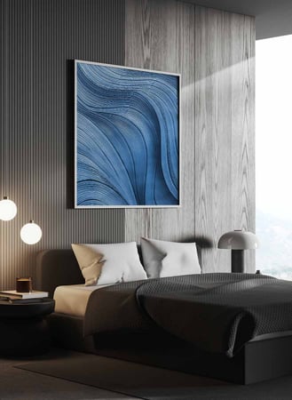 لوحة كانفاس مربع على إطار خشبي، تصميم فن تجريدي لموج ازرق، للمنزل، غرفة المعيشة، المكتب، الديكور