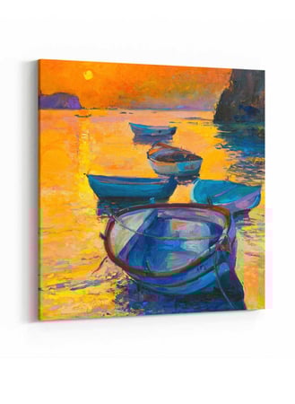 لوحة كانفاس مربع على إطار خشبي، تصميم فن زيتي لقوارب في المحيط ، للمنزل، غرفة المعيشة، المكتب، الديكور