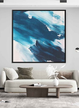 لوحة كانفاس مربع على إطار خشبي، تصميم فن زيتي لدرجات من الأزرق، للمنزل، غرفة المعيشة، المكتب، الديكور