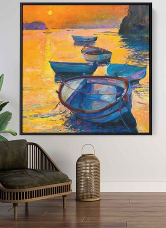 لوحة كانفاس مربع على إطار خشبي، تصميم فن زيتي لقوارب في المحيط ، للمنزل، غرفة المعيشة، المكتب، الديكور
