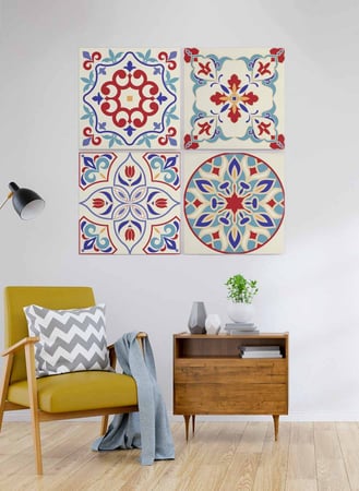طقم من ٤ لوحات كانفاس مربع على إطار خشبي، تصميم نمط سيراميك بألوان زاهية، للمنزل، غرفة المعيشة، المكتب، الديكور