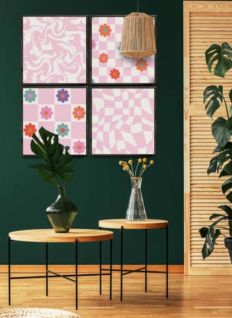 طقم من ٤ لوحات كانفاس مربع على إطار خشبي، تصميم زهور الأقحوان، للمنزل، غرفة المعيشة، المكتب، الديكور