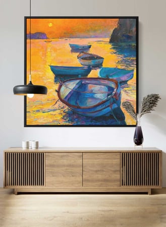 لوحة كانفاس مربع على إطار خشبي، تصميم فن زيتي لقوارب في المحيط ، للمنزل، غرفة المعيشة، المكتب، الديكور