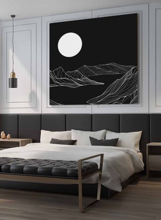 لوحة كانفاس مربع على إطار خشبي، تصميم فن تجريدي للقمر على الجبال، للمنزل، غرفة المعيشة، المكتب، الديكور