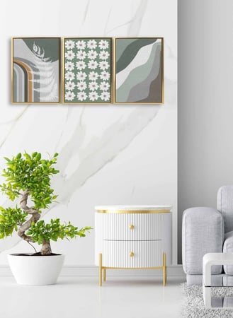 طقم لوحة جداريه مودرن مقسمه 3 قطع بتصميم فن تجريدي أوراق شجر وزهور