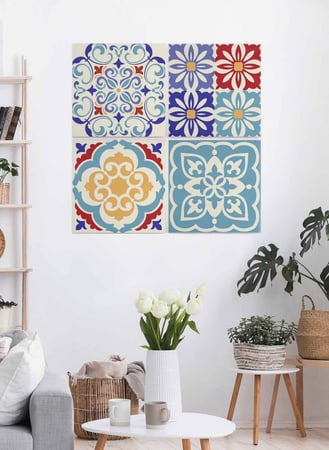 طقم من ٤ لوحات كانفاس مربع على إطار خشبي، تصميم نمط سيراميك ملون، للمنزل، غرفة المعيشة، المكتب، الديكور