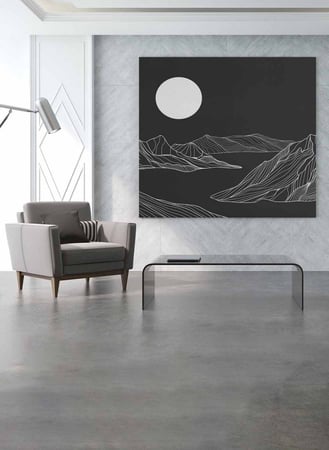 لوحة كانفاس مربع على إطار خشبي، تصميم فن تجريدي للقمر على الجبال، للمنزل، غرفة المعيشة، المكتب، الديكور