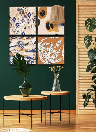 طقم من ٤ لوحات كانفاس مربع على إطار خشبي، تصميم فن تجريدي بوهيمى، للمنزل، غرفة المعيشة، المكتب، الديكور