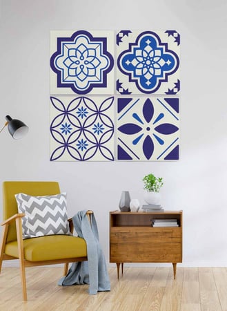 طقم من ٤ لوحات كانفاس مربع على إطار خشبي، تصميم أشكال فنية زرقا، للمنزل، غرفة المعيشة، المكتب، الديكور