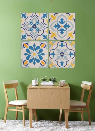 طقم من ٤ لوحات كانفاس مربع على إطار خشبي، تصميم نمط سيراميك ملون، للمنزل، غرفة المعيشة، المكتب، الديكور