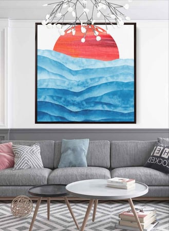 لوحة كانفاس مربع على إطار خشبي، تصميم فن تجريدي غروب الشمس، للمنزل، غرفة المعيشة، المكتب، الديكور