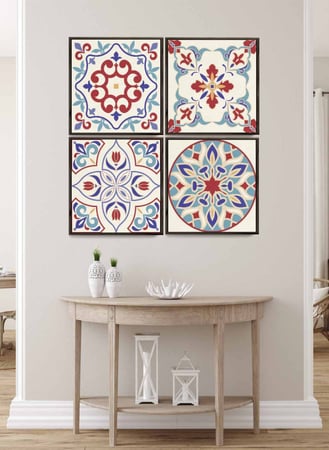 طقم من ٤ لوحات كانفاس مربع على إطار خشبي، تصميم نمط سيراميك بألوان زاهية، للمنزل، غرفة المعيشة، المكتب، الديكور