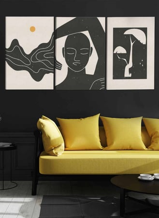 طقم من ٣ لوحات كانفاس على إطار خشبي، تصميم رسم تجريدي مرأة وشجرة، للمنزل، غرفة المعيشة، المكتب، الديكور