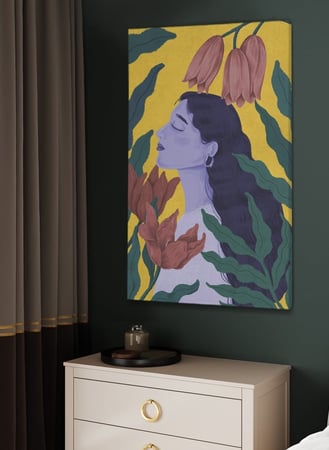 لوحة كانفاس على إطار خشبي بتصميم فتاة مع زهور