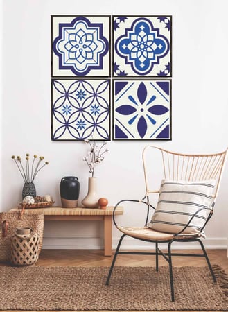 طقم من ٤ لوحات كانفاس مربع على إطار خشبي، تصميم أشكال فنية زرقا، للمنزل، غرفة المعيشة، المكتب، الديكور