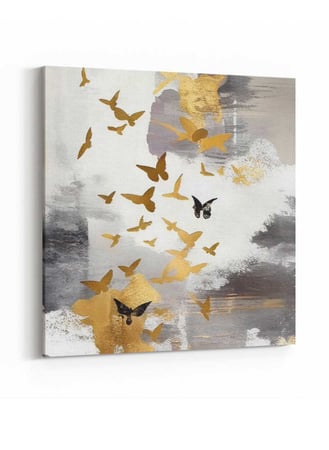 لوحة كانفاس مربع على إطار خشبي بتصميم فن زيتي للفراشات