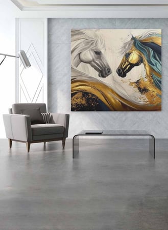 لوحة كانفاس مربع على إطار خشبي، تصميم فن زيتي زوج من الخيول، للمنزل، غرفة المعيشة، المكتب، الديكور