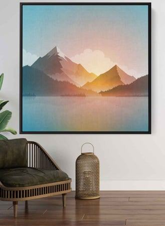 لوحة كانفاس مربع على إطار خشبي، تصميم شروق الشمس على الجبال، للمنزل، غرفة المعيشة، المكتب، الديكور