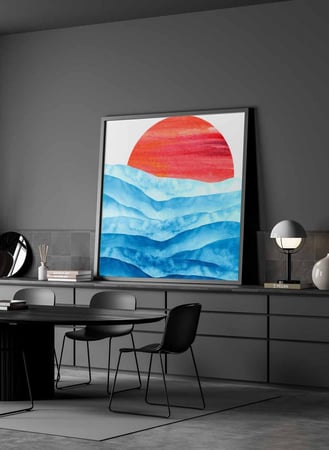 لوحة كانفاس مربع على إطار خشبي، تصميم فن تجريدي غروب الشمس، للمنزل، غرفة المعيشة، المكتب، الديكور