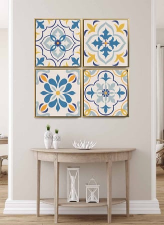 طقم من ٤ لوحات كانفاس مربع على إطار خشبي، تصميم نمط سيراميك ملون، للمنزل، غرفة المعيشة، المكتب، الديكور