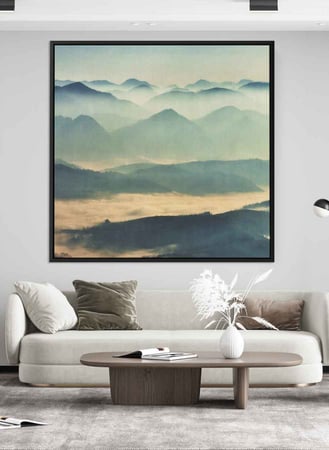 لوحة كانفاس مربع على إطار خشبي، تصميم جبال مع السحاب، للمنزل، غرفة المعيشة، المكتب، الديكور